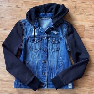 Harley-Davidson Denim Jacket with Black Sleeves and Hood